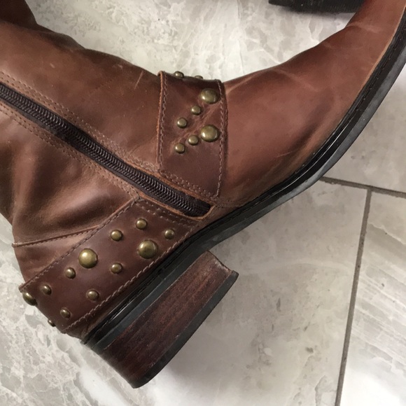 BROWN Leather Studded Strap Mid Calf Boots | Women |  7 - Picture 14 of 16